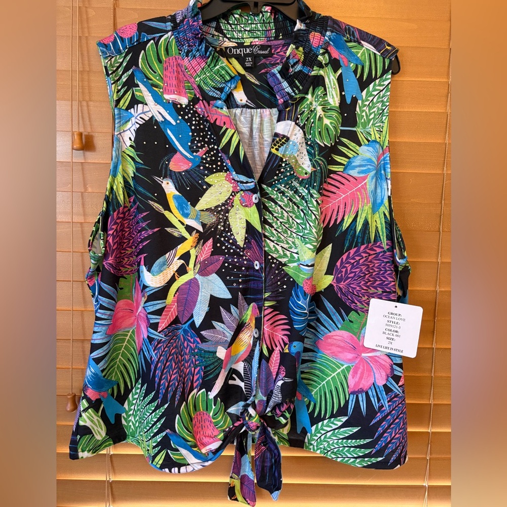 Onque Casuals NWT Multicolor Tropical Button Down Shirt/ Rhinestones. Size 2X
